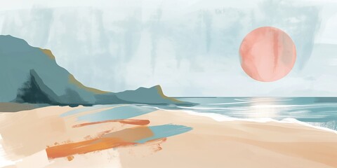 Illustration of a beach with the sun. a tropical island with turquoise waves lapping the shore under a summer sky background.
