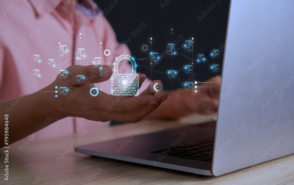 Aufkleber cyber security and privacy concept to protect data, lock icon and internet network security technolo