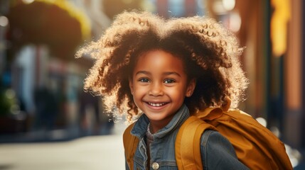 Fototapeta premium b'Portrait of a happy smiling school girl with curly hair wearing a backpack'