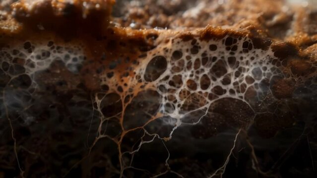 A crosssection view of the soil revealing the intricate web of mycelium connecting plant roots and decomposing organic matter essential . AI generation.