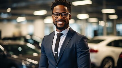 b'Portrait of a successful African American businessman in a suit and tie smiling in a car dealership.'
