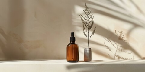 b'Close up of dropper bottle and plant on beige background with shadows'