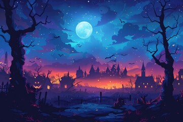 b'Halloween night spooky haunted village illustration' - obrazy, fototapety, plakaty