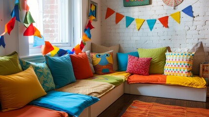 Bright and quirky sofa setup in a children's playroom, featuring vibrant throw pillows and festive, colorful banners