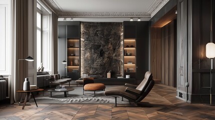 Chic and modern apartment living room showcasing streamlined furniture, herringbone wood floors, and a statement armchair in dark leather