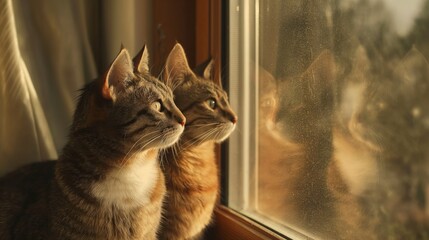 Two cat sitting on the window sill. Feline watching bird outside the window.