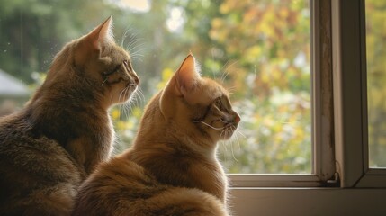 Two cat sitting on the window sill. Feline watching bird outside the window.