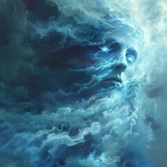 b'An ethereal being composed of swirling blue clouds' - obrazy, fototapety, plakaty
