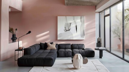 Chic urban studio with pastel pink walls, sleek black modular sofa, contemporary art pieces, natural light flooding in