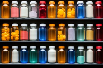 b'Colorful bottles of pills and powders arranged on shelves.' - obrazy, fototapety, plakaty
