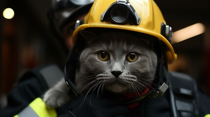 b"A cat wearing a firefighter's helmet is carried by a firefighter"