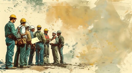 Several construction engineers are in a meeting holding construction drawings at a construction site with many machines.	