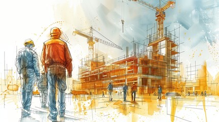 Several construction engineers are in a meeting holding construction drawings at a construction site with many machines.	