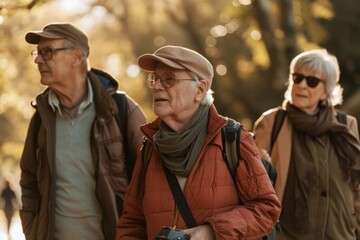 Group of senior people walking in the park. Elderly people walking in the park.