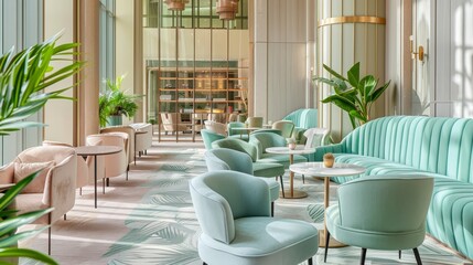 Contemporary hotel lobby with pastel-colored walls, sleek tables, plush sofas, and stylish mint chairs, inviting and chic
