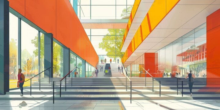 b'The atrium of a modern university building with people walking around'