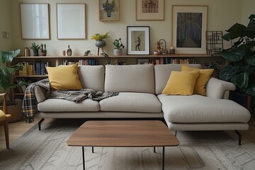 b'A cozy living room with a large sectional sofa, coffee table, rug, and lots of plants' - obrazy, fototapety, plakaty