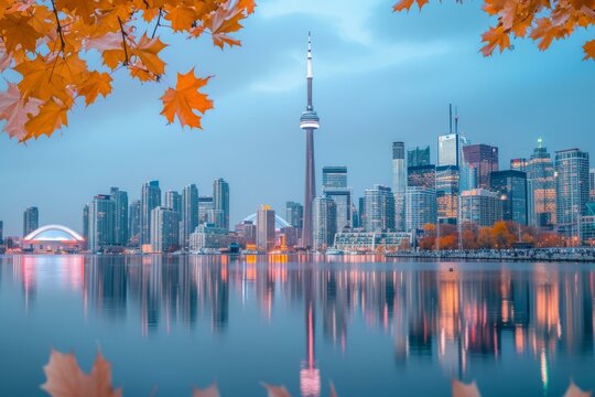 b'Toronto skyline at dusk with fall foliage in the foreground'