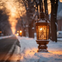 b'Vintage street lamp covered with snow in winter'