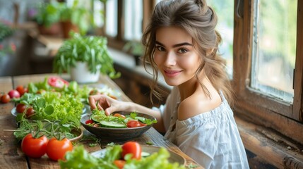 b'Young woman preparing a healthy salad in the kitchen'