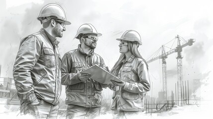 Several construction engineers are in a meeting holding construction drawings at a construction site with many machines.
