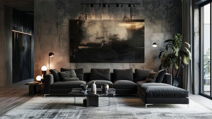 Contemporary urban living room featuring a dark velvet sofa, minimalist art on concrete walls, and ambient lighting for a masculine touch
