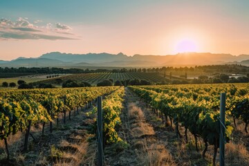Obraz premium Vineyard During Golden Hour, With Rows of Grapevines Bathed in Soft Golden Light And Distant Mountains Visible on The Horizon, Generative AI