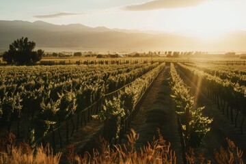 Fototapeta premium Vineyard During Golden Hour, With Rows of Grapevines Bathed in Soft Golden Light And Distant Mountains Visible on The Horizon, Generative AI