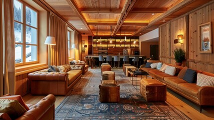 Cozy hotel lounge with bespoke wooden furniture, soft leather sofas, and designer floor lamps for a warm ambiance
