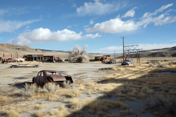 A deserted ghost town parking lot, with abandoned vehicles and tumbleweeds blowing in the wind, Generative AI