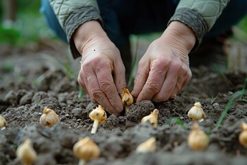 A close shot of unrecognized woman hand putting flower bulb in ground in autumn season with a big space for text or nursery type product backdrop, Generative AI.