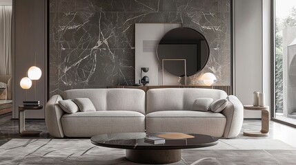 Naklejka premium Elegant three-seater sofa, fusion of sleek modern lines and classic upholstery, ideal for a sophisticated living room