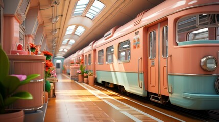 b'Retro futuristic train station with pink and blue pastel colors'