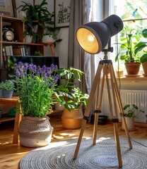 b'A stylish tripod floor lamp standing next to a potted lavender plant in a living room'