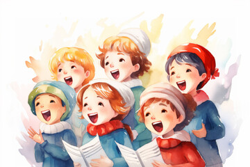 Christmas charity concert, choir singing, vibrant holiday colors, soft watercolor, in white background