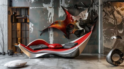 Futuristic couch with organic shapes, merging with an avant-garde art studio, bold color contrasts, metal sculptures nearby