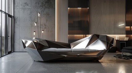 Futuristic sofa design with sharp, angular lines and metallic finishes, positioned in a sleek art studio with cutting-edge, avant-garde elements