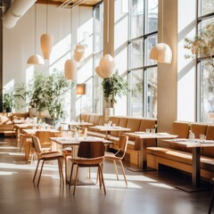 Obraz premium b'Elegant and Modern Restaurant Interior With Large Windows'