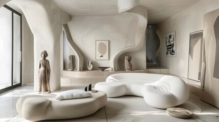 Obraz na płótnie Canvas High-concept art studio with a centerpiece sofa featuring soft, undulating forms, surrounded by avant-garde sculptures in a monochromatic theme