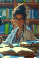 b'Portrait of a female doctor in a library'