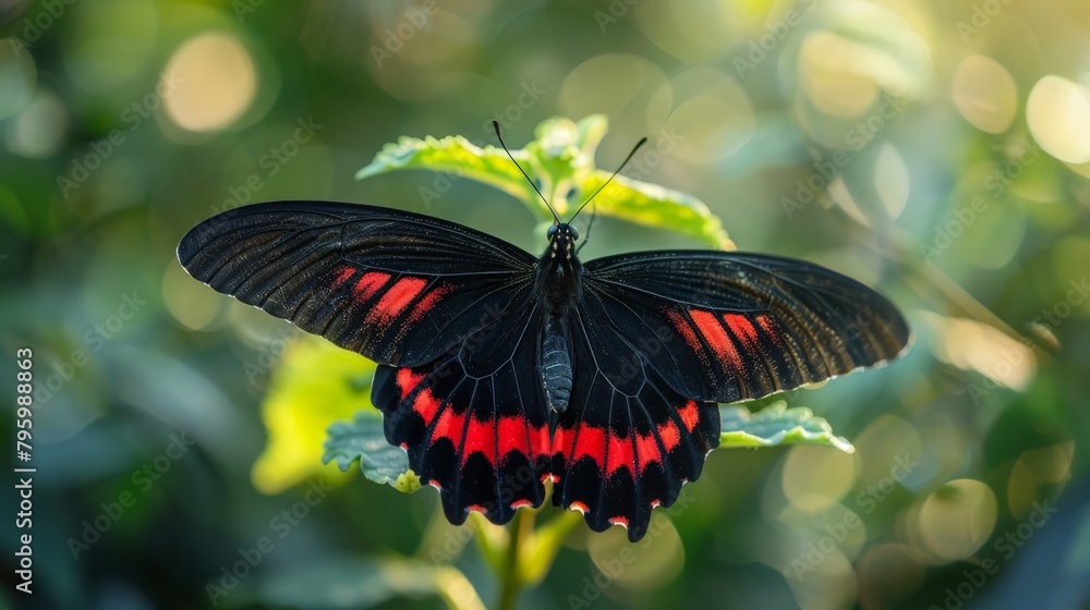 Wall mural Black and red butterfly on leaf