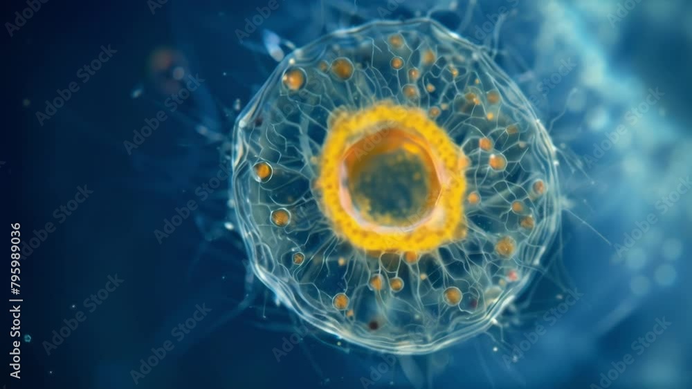 Poster a closeup of a ciliate protozoas cytoplasm revealing the complex network of organelles and structure