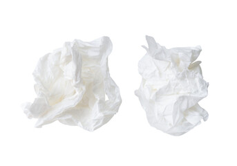 Top view set of screwed or crumpled tissue paper balls after use in toilet or restroom isolated...