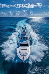 b'A white yacht is moving fast on the sea with a beautiful sky and clear water'