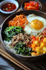 Korean Food, Bibimbap with Rice, Vegetables and Egg