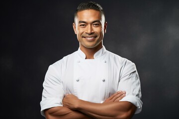 b'Portrait of a happy chef in a white uniform'