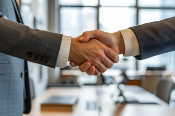 b'Businessmen shaking hands in agreement after successful negotiations'
