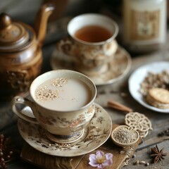 b'A cup of milky tea with spices on a saucer and a wooden table'