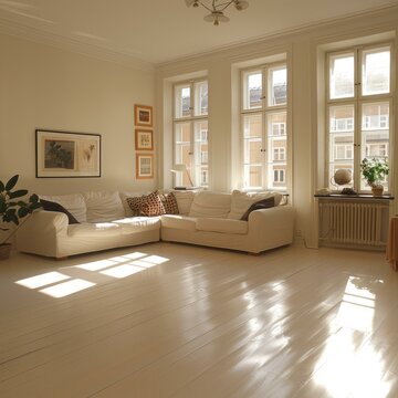 b'Bright and Airy Living Room With White Walls and Wood Floors'
