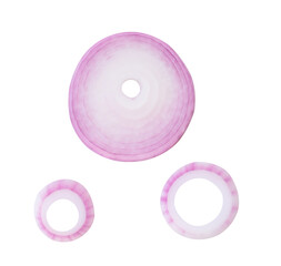 Top view set of red or purple onion slices or onion rings scattered isolated on white background with clipping path